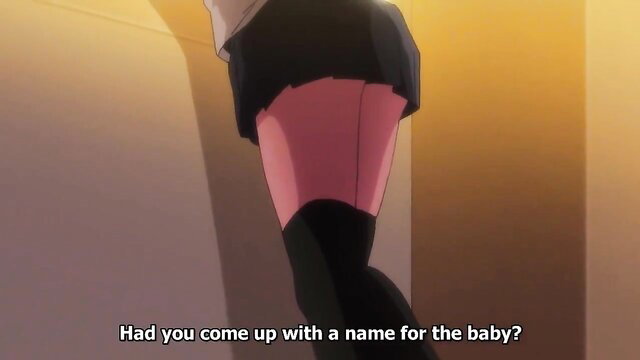 Anime schoolgirl in skirt and stockings, pregnant belly from hentai library scene