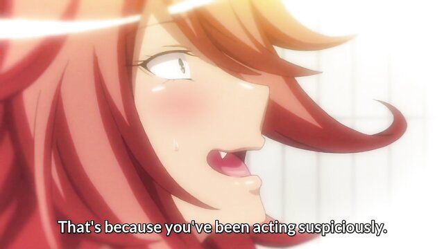 Blushing anime catgirl with orange hair cries suspiciously in hentai