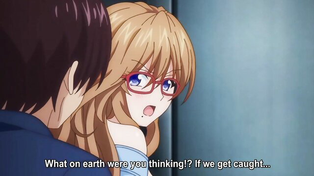 Busty anime wife panics in elevator: What were you thinking if we get caught