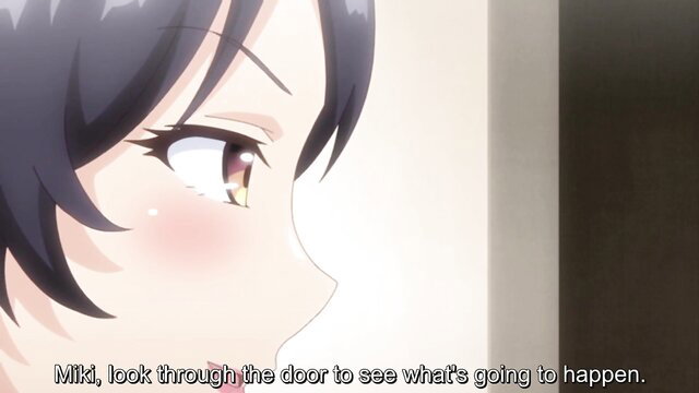 Curious black-haired hentai milf peeking through door