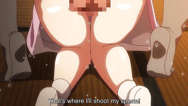 Hentai anime girl bent over, censored pussy exposed for creampie in school uniform