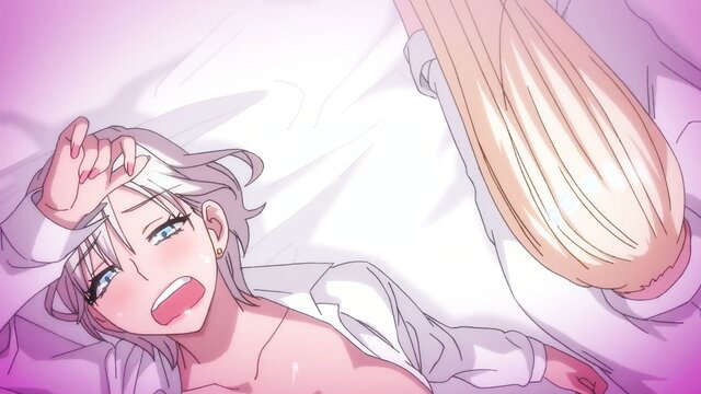 Blushing anime femboy with long blonde girl on bed, JAV hentai scene