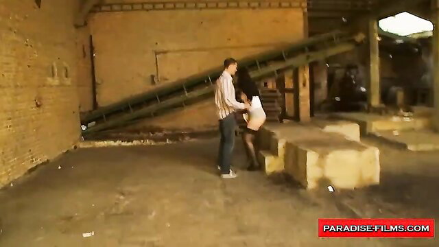 Beautiful amateur teen with big natural tits bent over in warehouse