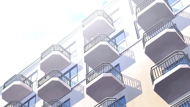 Sunny anime apartment balconies, softcore JAV aesthetic
