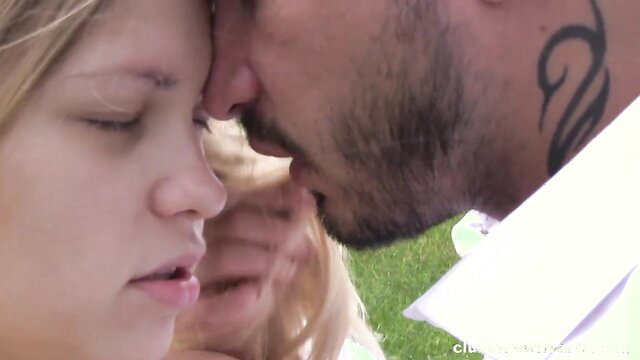 Blonde small tits teen passionately kissed outdoors by tattooed guy