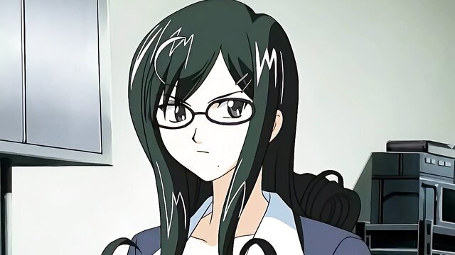 Sexy anime maid with glasses in office uniform, green hair
