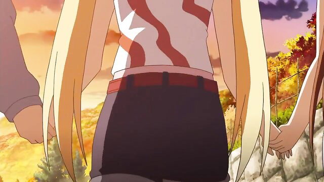 Blonde teen in shorts holds hands with pervy stepdad at sunset