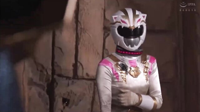 White Pink Power Ranger heroine in sexy suit poses heroically