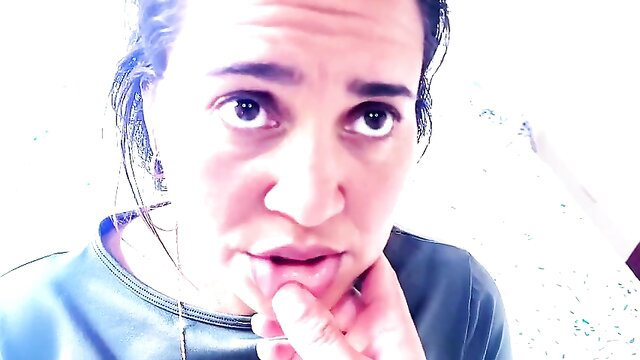 Closeup of spying on busty Latina sister-in-law with parted lips