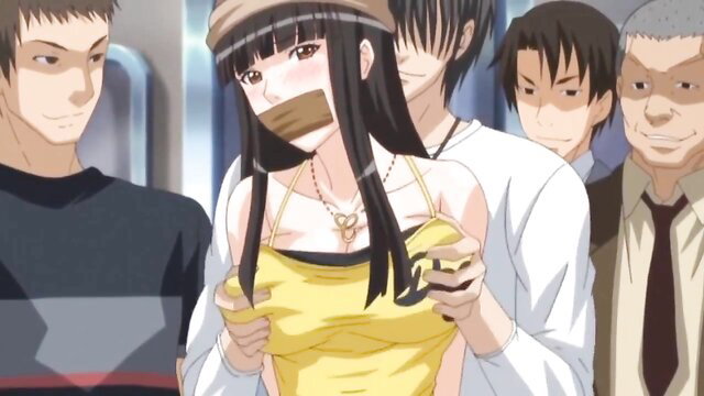 Petite black-haired teen gagged, groped in yellow dress on train gangbang