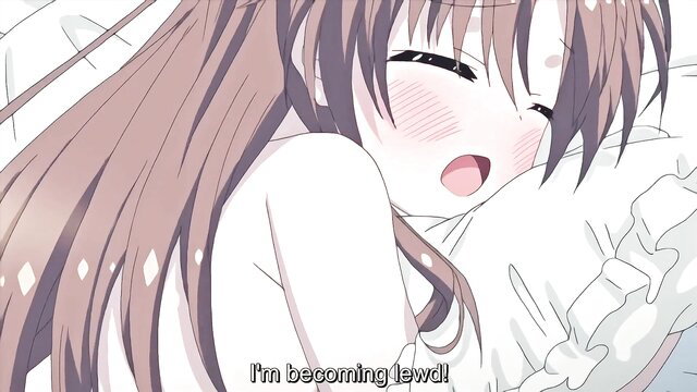 Ecstatic petite anime girl with long brown hair blushing in lewd embrace