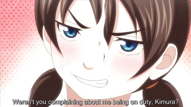 Angry anime girl with blue eyes and pigtails smirks on pink background