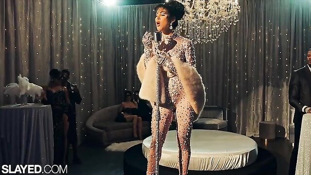 Vanna, Vicki & April in sparkling bodysuit anal threesome at club