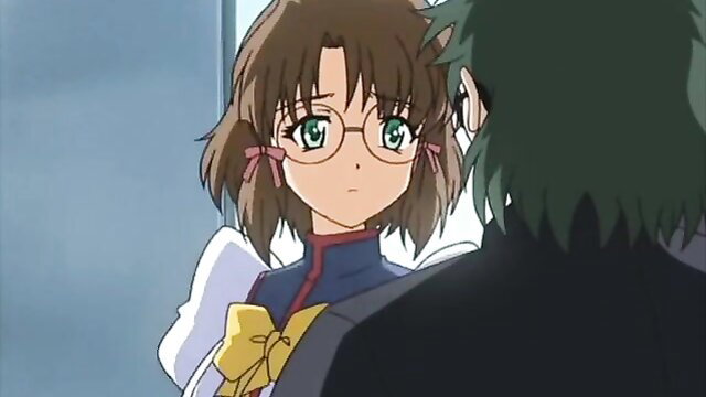Cute anime schoolgirl with glasses in uniform blackmailed by guy
