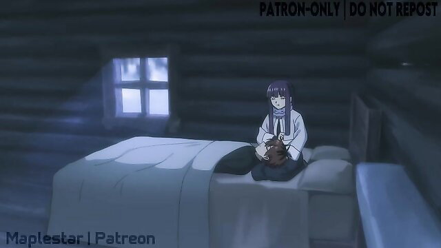 Fern anime girl in scarf hugging teddy bear on bed, soft lighting