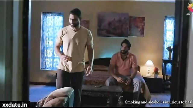 Desi Indian bhabhi with two men in bedroom foreplay