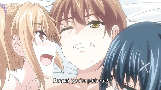 Blonde and black-haired anime girls mock senpai in bed, JAV hentai threesome tease