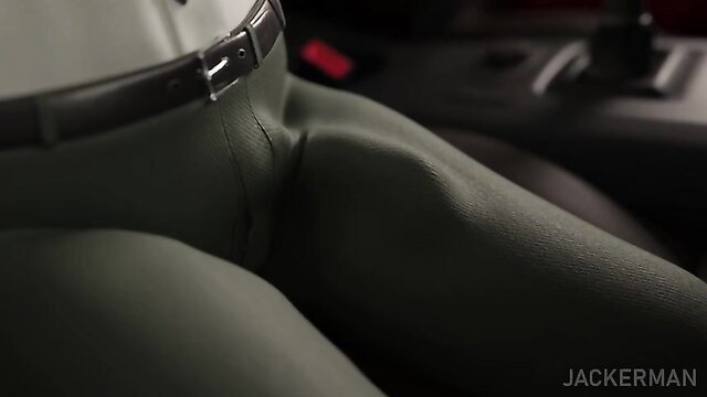 Man's tight pants bulge in car seat, erotic crotch view