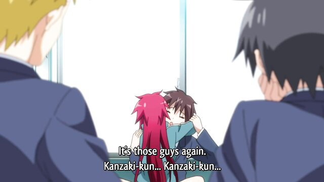 Anime hentai foursome: succubus vampire kisses student as guys watch