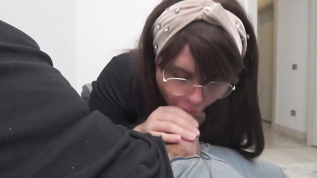 Brunette in headband kneels kissing cock in threesome preview