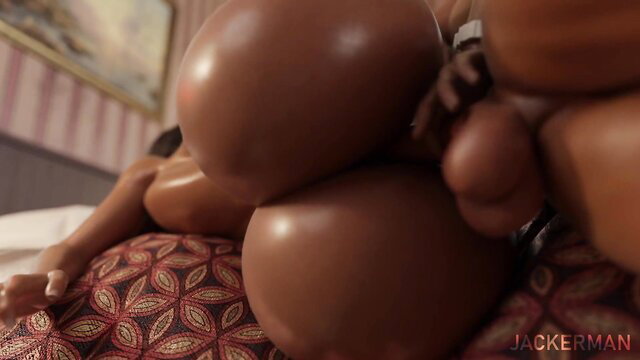 Big tits black MILF lying nude on bed, closeup cleavage view