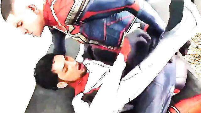 Two hot superhero hunks in tight spandex suits fucking intensely