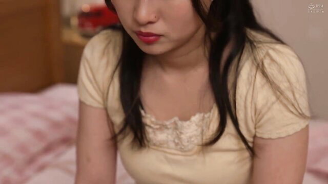 Japanese woman in lace top on bed, JAV creampie tease