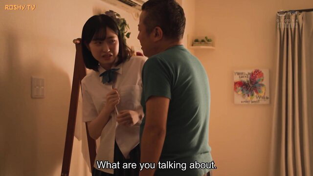Japanese stepdaughter in school uniform talks with stepdad in JAV creampie scene