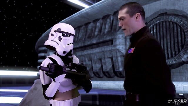 Sexy female Stormtrooper in skimpy armor chats with Imperial officer in Star Wars XXX parody