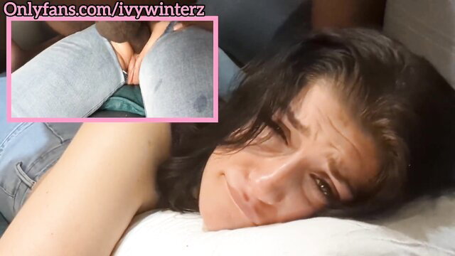 White girl cries in pain from first BBC ass fucking, wet jeans closeup