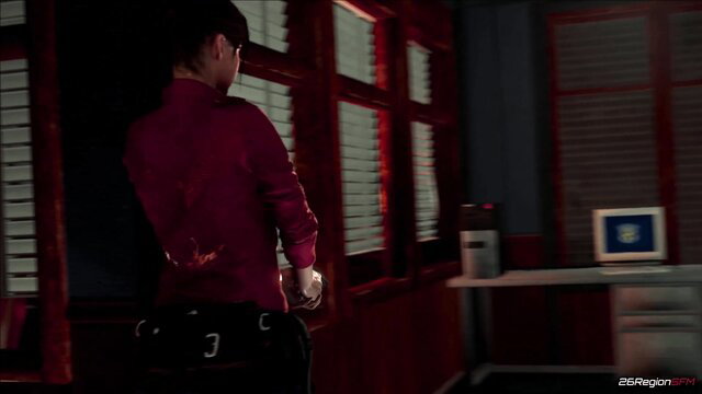 Claire Redfield back view in red shirt black pants, Resident Evil zombie porn thumbnail