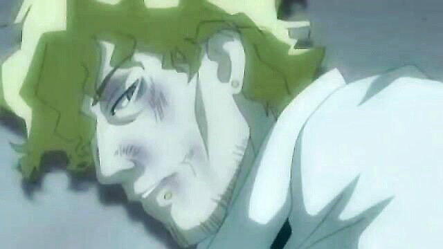 Blonde anime guy in white shirt, intense side profile, JoJo style hentai thumbnail