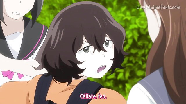 Cute Japanese schoolgirl in orange uniform with brown bob hair, surprised face