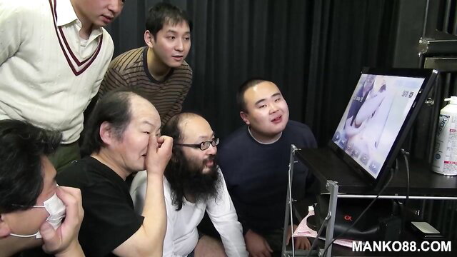 Blindfolded Asian girl gangbanged by group of men on screen
