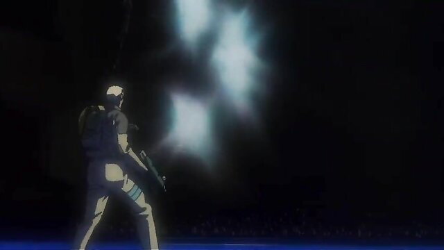 Anime man in tight suit wielding gun amid glowing lights, sci-fi action pose