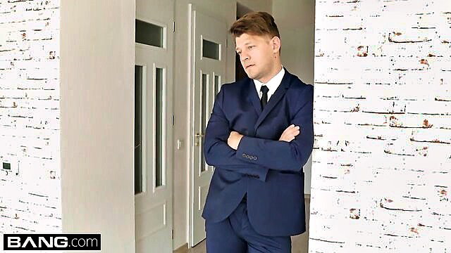 Handsome suited waiter arms crossed in hotel room, Lady Dee DP threesome