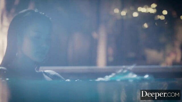 Rae Lil Black in pool, wet black hair, mysterious night glow
