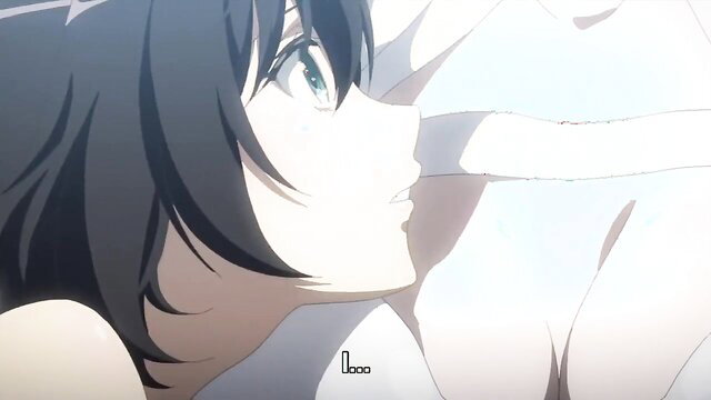 Black-haired anime girl with green eyes in seductive side profile ecchi pose