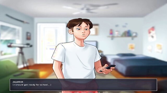 SummerTime Saga anime guy in white tee and red shorts ready for milf threesome