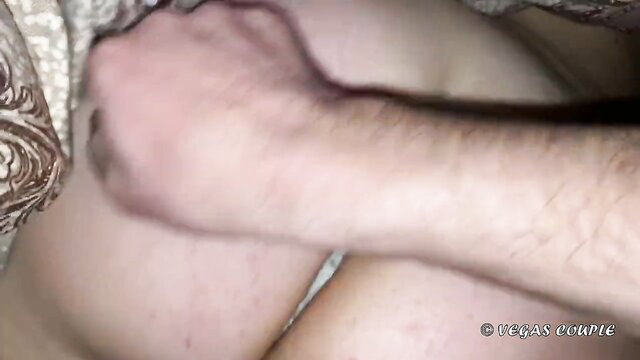 Curvy Vegas Couple MILF's hairy wet pussy fingered in thong