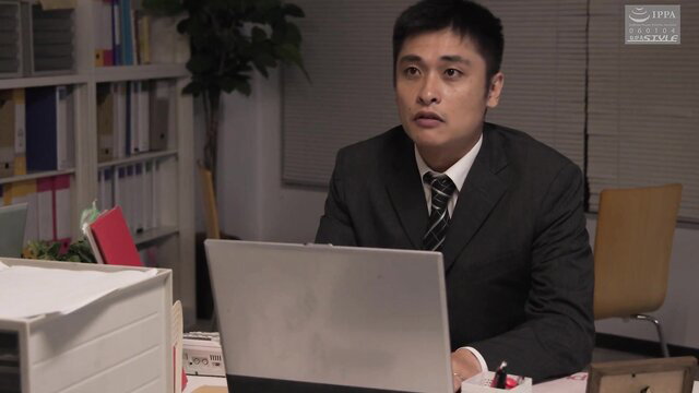 Jun Suehiro as gentle boss at desk in suit, JAV office scene