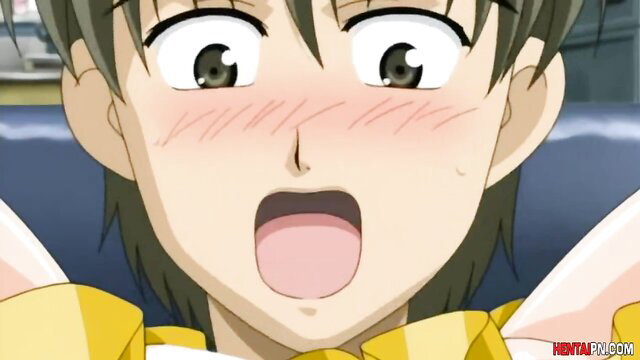Blushing anime student Hentai Babee with ahegao face in yellow uniform