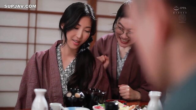 Two sexy Japanese women in kimonos at table, JAV wife father-in-law scene