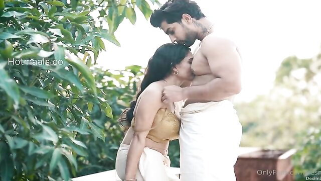 Ira F in steamy dhoti romance embrace, hot Indian couple outdoors
