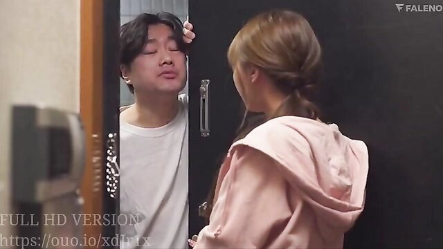 Asian couple kissing at door, big tits girl in pink hoodie meets neighbor guy