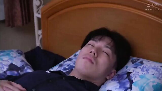 Reona Kirishima sleeping on bed in shirt, JAV step-sis rain scene