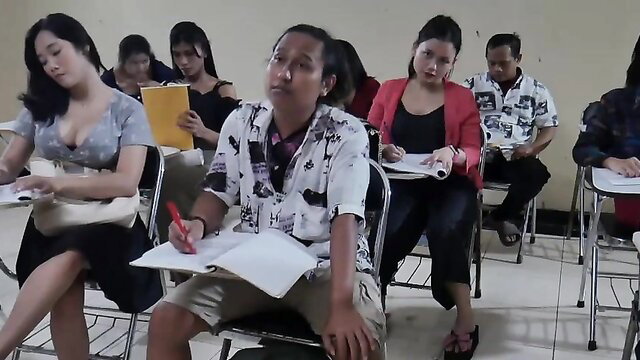 Indonesian college girls in low-cut tops, mixed classroom softcore