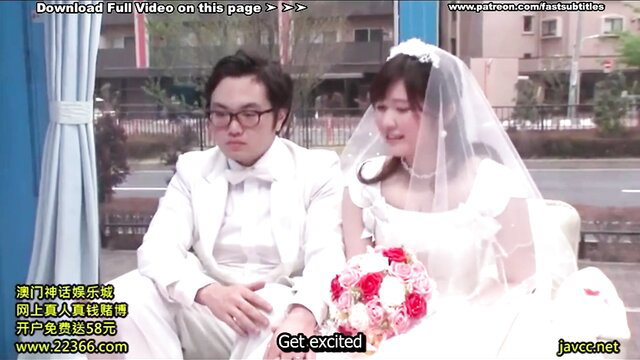 Japanese bride in wedding dress with husband, JAV censored
