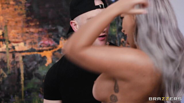 Brazzers busty Asian babe with silver hair grabs chef's face intimately