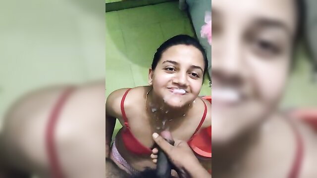 Indian amateur babe smiling with cum on face, holding cock POV